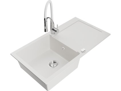 MEXEN/S - Leo granitový dřez 1 s odkapávačem včetně baterie Aster, bílá 6501-20-73450-02