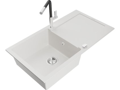 MEXEN/S - Leo granitový dřez 1 s odkapávačem včetně baterie Flora, bílá 6501-20-670401-07