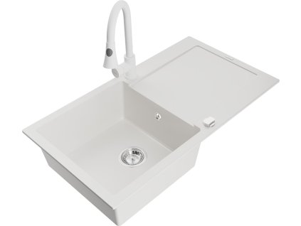 MEXEN/S - Leo granitový dřez 1-miska s odkapávačem včetně baterie Elia, bílá 6501-20-670101-20