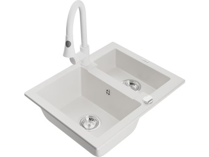 MEXEN/S - Carlos granitový dřez 1.5 včetně baterie Elia, bílá 6518-20-670101-20