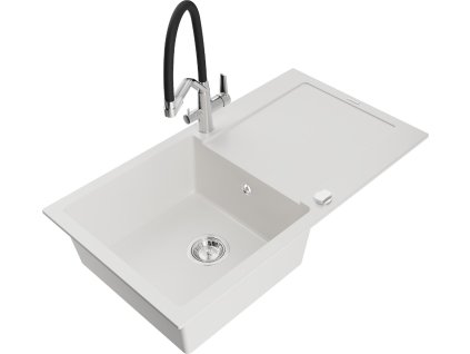 MEXEN/S - Leo granitový dřez 1-miska s odkapávačem včetně baterie Duo, bílá 6501-20-671701-07
