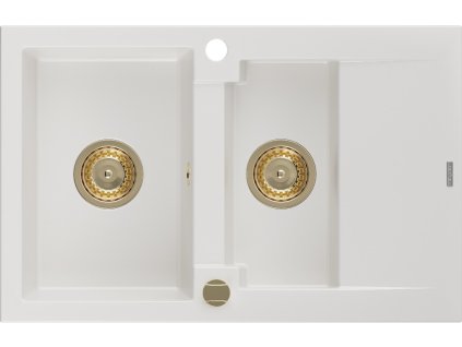 MEXEN/S - Gaspar granitový dřez 1.5 s odkapávačem 737 x 475 mm, bílá, zlatý sifon 6507731505-20-G