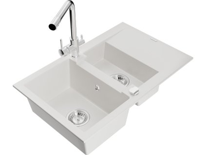 MEXEN/S - Gaspar granitový dřez 1.5 s odkapávačem včetně baterie Duero, bílá 6507-20-671600-00