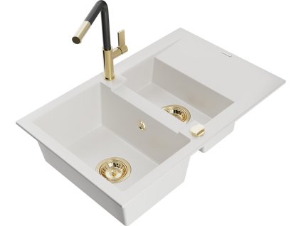 MEXEN/S - Gaspar granitový dřez 1.5 s odkapávačem včetně baterie Flora, bílá 6507-20-670401-57-G  + slevový kód