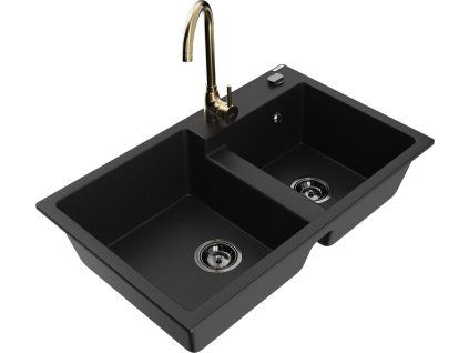 MEXEN/S - Tomas granitový dřez 2-bowl včetně baterie Telma, černá 6516-77-670200-50-B