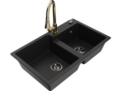MEXEN/S - Tomas granitový dřez 2-bowl včetně baterie Elia, černá 6516-77-670101-50-B