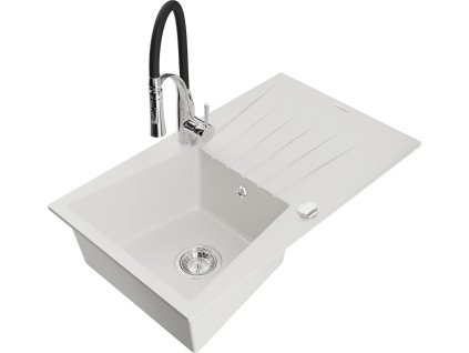 MEXEN/S - Cesar granitový dřez s odkapávačem včetně baterie Aster, bílá 6514-20-73450-07