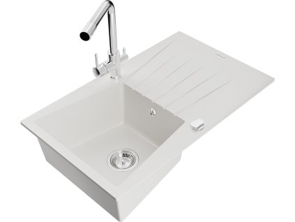 MEXEN/S - Cesar granitový dřez s odkapávačem včetně baterie Duero, bílá 6514-20-671600-00