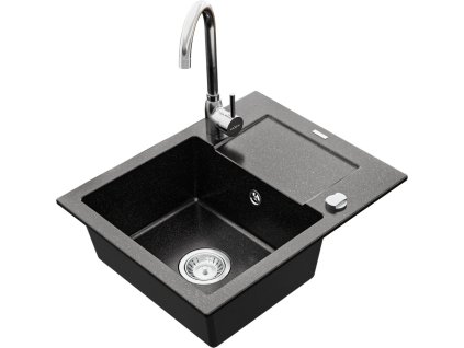 MEXEN/S - Enzo granitový dřez 1 s odkapávačem včetně baterie Telma, černá/stříbrný 6506-73-670200-00