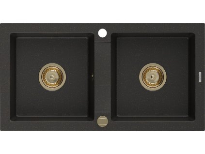 MEXEN/S - Mario granitový dřez 2-bowl 820x436 mm, černá/zlatá metalik,+ zlatý sifon 6504822000-75-G