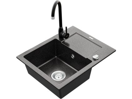 MEXEN/S - Enzo granitový dřez 1 s odkapávačem včetně baterie Telma, černá kropenatý 6506-76-670200-76