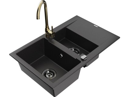 MEXEN/S - Gaspar granitový dřez 1.5 s odkapávačem včetně baterie Telma, černá 6507-77-670200-50-B