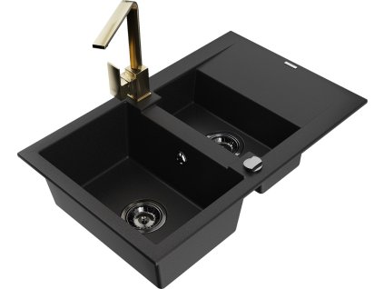 MEXEN/S - Gaspar granitový dřez 1.5 s odkapávačem včetně baterie Rita, černý 6507-77-670300-50-B