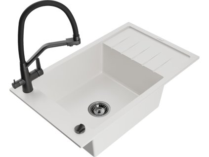 MEXEN/S - Elias granitový dřez s odkapávačem včetně baterie Duo, bílá 6511-20-671701-70-B