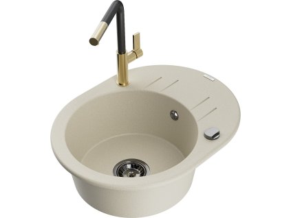 MEXEN/S - Kevin granitový dřez 1-miska s odkapávačem včetně baterie Flora, béžová 6517-69-670401-57-B