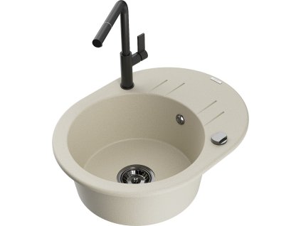 MEXEN/S - Kevin granitový dřez 1-miska s odkapávačem včetně baterie Flora, béžová 6517-69-670401-70-B