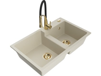 MEXEN/S - Tomas granitový dřez 2-bowl včetně baterie Aster, béžová 6516-69-73450-57-G