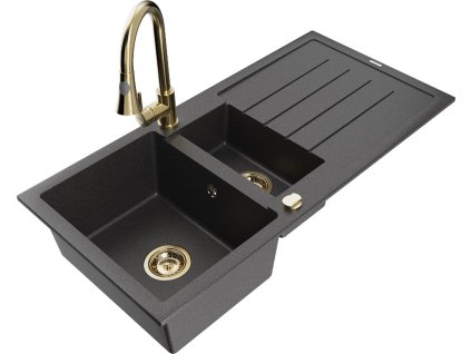 MEXEN/S - Andres granitový dřez s odkapávačem včetně baterie Elia, černá nakrapiany 6515-76-670101-50