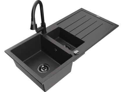 MEXEN/S - Andres granitový dřez s odkapávačem včetně baterie Elia, černá nakrapiany 6515-76-670101-70-B