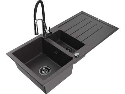 MEXEN/S - Andres granitový dřez s odkapávačem včetně baterie Aster, černá nakrapiany 6515-76-73450-07-B
