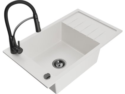 MEXEN/S - Elias granitový dřez 1 s odkapávačem včetně baterie Aster, bílá 6511-20-73450-70-B