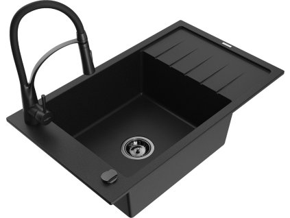 MEXEN/S - Elias granitový dřez 1 s odkapávačem včetně baterie Aster, černá 6511-77-73450-70-B