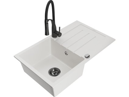 MEXEN/S - Bruno granitový dřez s odkapávačem včetně baterie Aster, bílá 6513-20-73450-70-B