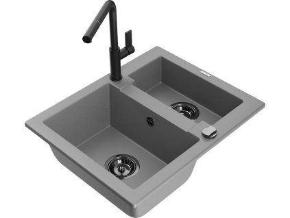 MEXEN/S - Carlos granitový dřez 1.5 včetně baterie Flora, šedá 6518-71-670401-70-B