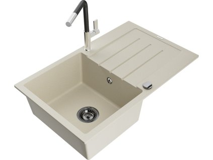 MEXEN/S - Bruno granitový dřez 1 s odkapávačem včetně baterie Flora, béžová 6513-69-670401-07-B