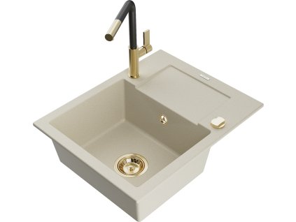 MEXEN/S - Enzo granitový dřez 1-miska s odkapávačem včetně baterie Flora, béžová 6506-69-670401-57-G