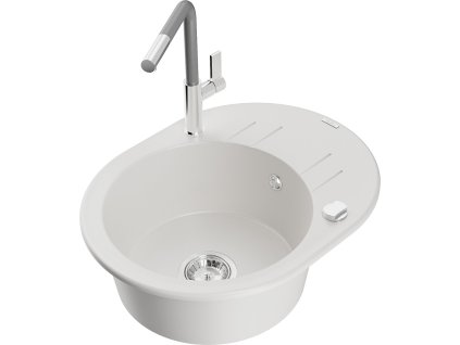 MEXEN/S - Kevin granitový dřez 1-miska s odkapávačem včetně baterie Flora, bílá 6517-20-670401-06