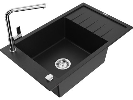MEXEN/S - Elias granitový dřez 1 s odkapávačem včetně baterie Flora, černá 6511-77-670401-00