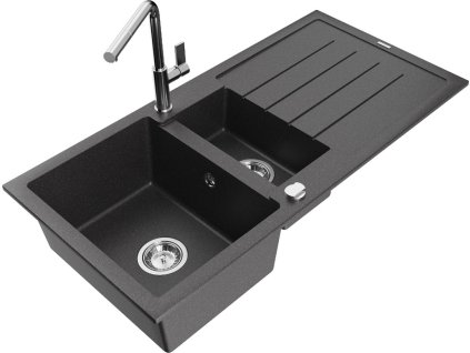 MEXEN/S - Andres granitový dřez s odkapávačem včetně baterie Flora, černá nakrapiany 6515-76-670401-00