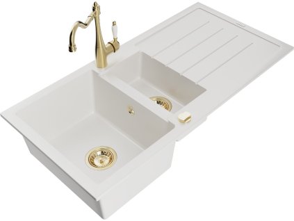 MEXEN/S - Andres granitový dřez s odkapávačem včetně baterie Carla, bílá 6515-20-670700-50