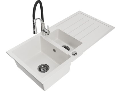 MEXEN/S - Andres granitový dřez s odkapávačem včetně baterie Aster, bílá 6515-20-73450-07-B