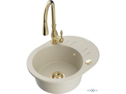 MEXEN/S - Kevin granitový dřez 1 s odkapávačem včetně baterie Savita, béžová 6517-69-672601-50