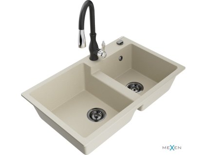 MEXEN/S - Tomas granitový dřez 2-bowl včetně baterie Savita, béžová 6516-69-672601-70