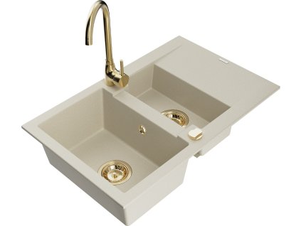 MEXEN/S - Gaspar granitový dřez 1.5 s odkapávačem včetně baterie Telma, béžová 6507-69-670200-50