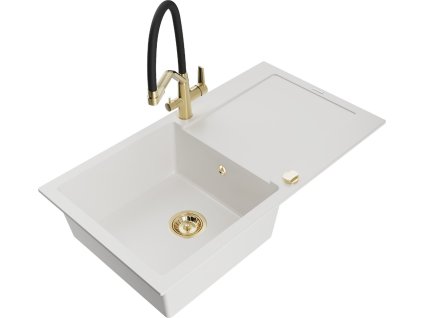 MEXEN/S - Leo granitový dřez 1-miska s odkapávačem včetně baterie Duo, bílá 6501-20-671701-57-G