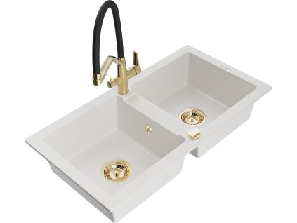 MEXEN/S - Mario granitový dřez 2-bowly včetně baterie Duo, bílá 6504-20-671701-57-G