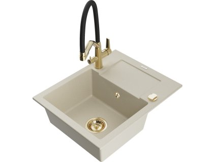 MEXEN/S - Enzo granitový dřez s odkapávačem včetně baterie Duo, béžová 6506-69-671701-57-G