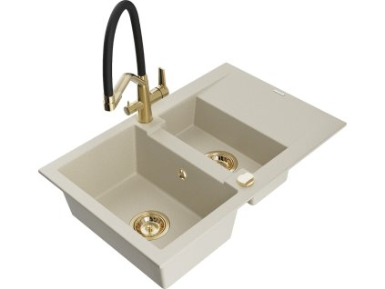 MEXEN/S - Gaspar granitový dřez 1.5 s odkapávačem včetně baterie Duo, béžová 6507-69-671701-57-G