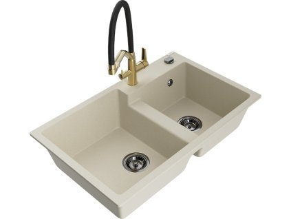 MEXEN/S - Tomas granitový dřez 2-bowly včetně baterie Duo, béžová 6516-69-671701-57-B
