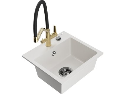 MEXEN/S - Milo granitový dřez 1-miska včetně baterie Duo, bílá 6505-20-671701-57-B