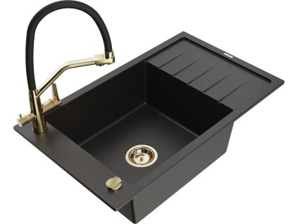 MEXEN/S - Elias granitový dřez s odkapávačem včetně baterie Duo, černá/zlatá metalik 6511-75-671701-57-G