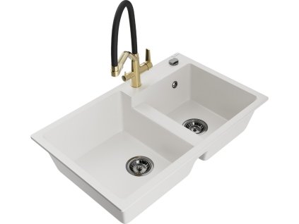 MEXEN/S - Tomas granitový dřez 2-bowly včetně baterie Duo, bílá 6516-20-671701-57-B