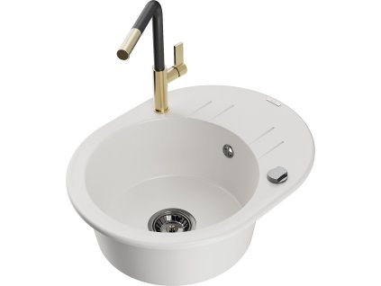 MEXEN/S - Kevin granitový dřez 1-miska s odkapávačem včetně baterie Flora, bílá 6517-20-670401-57-B