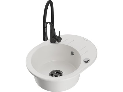 MEXEN/S - Kevin granitový dřez s odkapávačem včetně baterie Aster, bílá 6517-20-73450-70-B