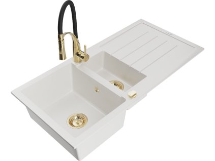 MEXEN/S - Andres granitový dřez s odkapávačem včetně baterie Aster, bílá 6515-20-73450-57-G