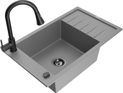 MEXEN/S - Elias granitový dřez 1 s odkapávačem včetně baterie Elia, šedá 6511-71-670101-70-B